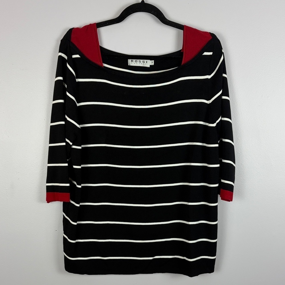 Rossi Classic Striped 3/4 Sleeve Boat Neck Nylon Blend Knit Top XL Black White - Picture 2 of 13